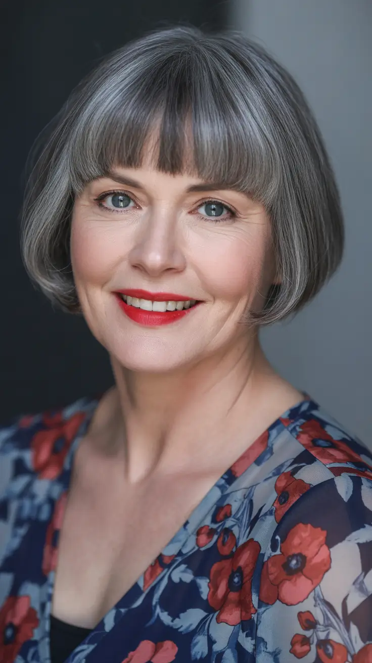 Trendy haircuts for women over 50 2026 Silver Bowl-Inspired Bob With Soft Rounded Bangs