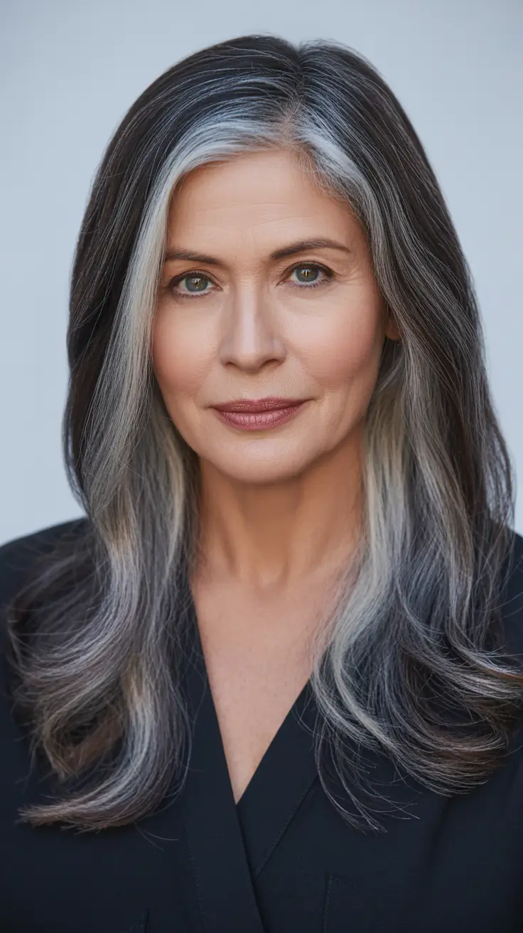 Trendy haircuts for women over 50 2026 Long Silver Layers With Face-Brushing Bright Streaks