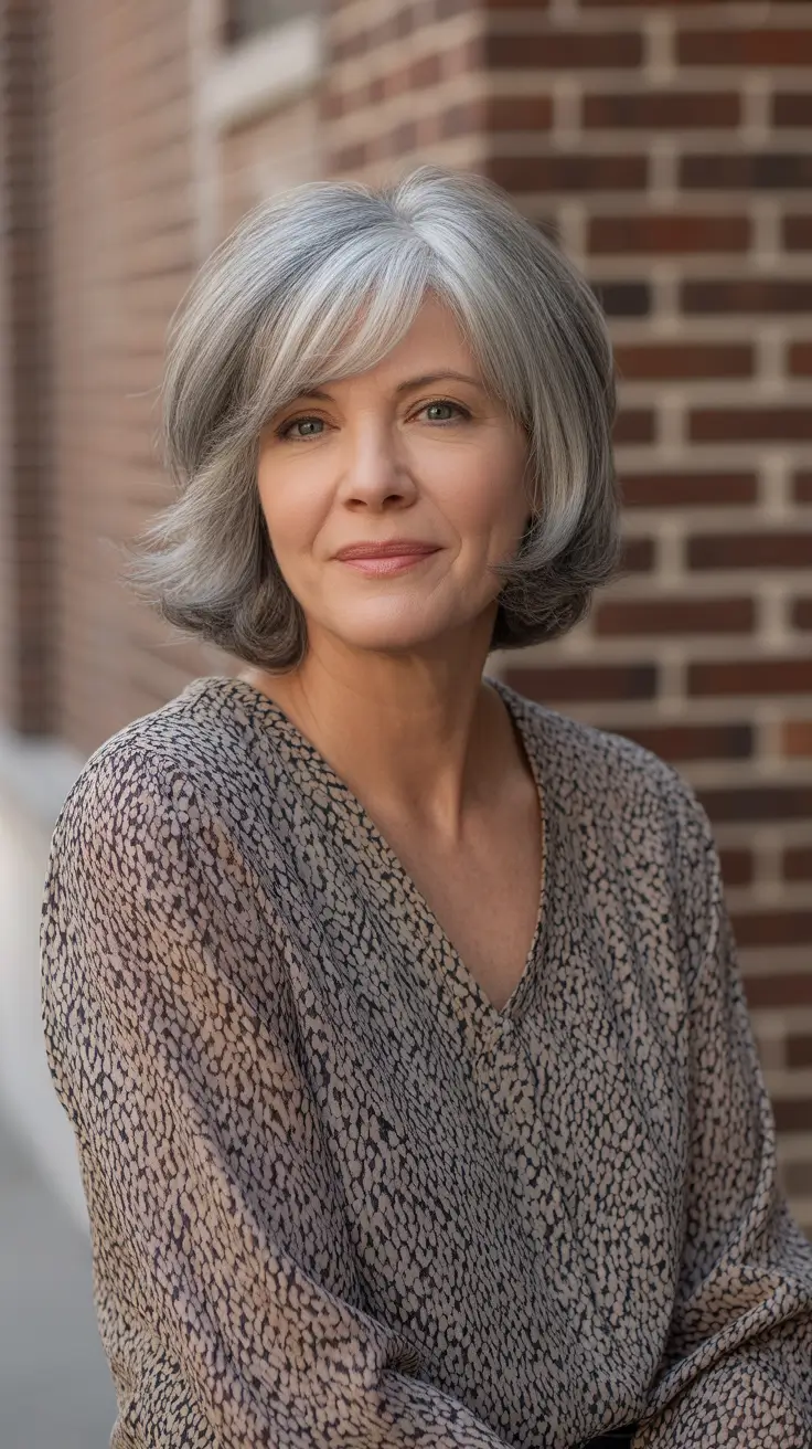 Trendy haircuts for women over 50 2026 Soft Feathered Shoulder-Length Bob With Sweeping Bangs