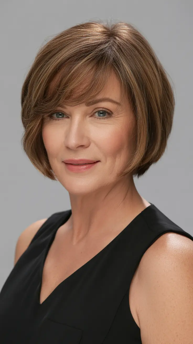 Trendy haircuts for women over 50 2026 Warm Brunette Layered Bob With Light Fringe Detailing