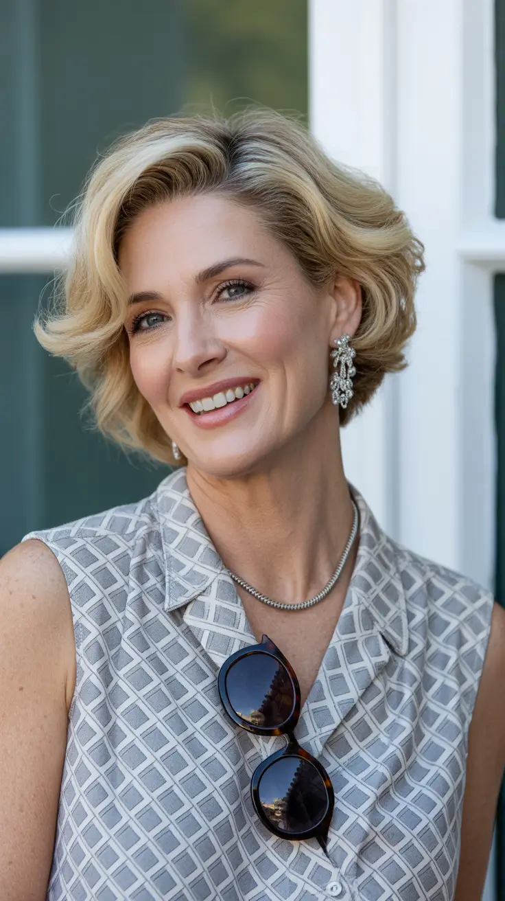 Trendy haircuts for women over 50 2026 Classic Blonde Bob With Elegant Volume