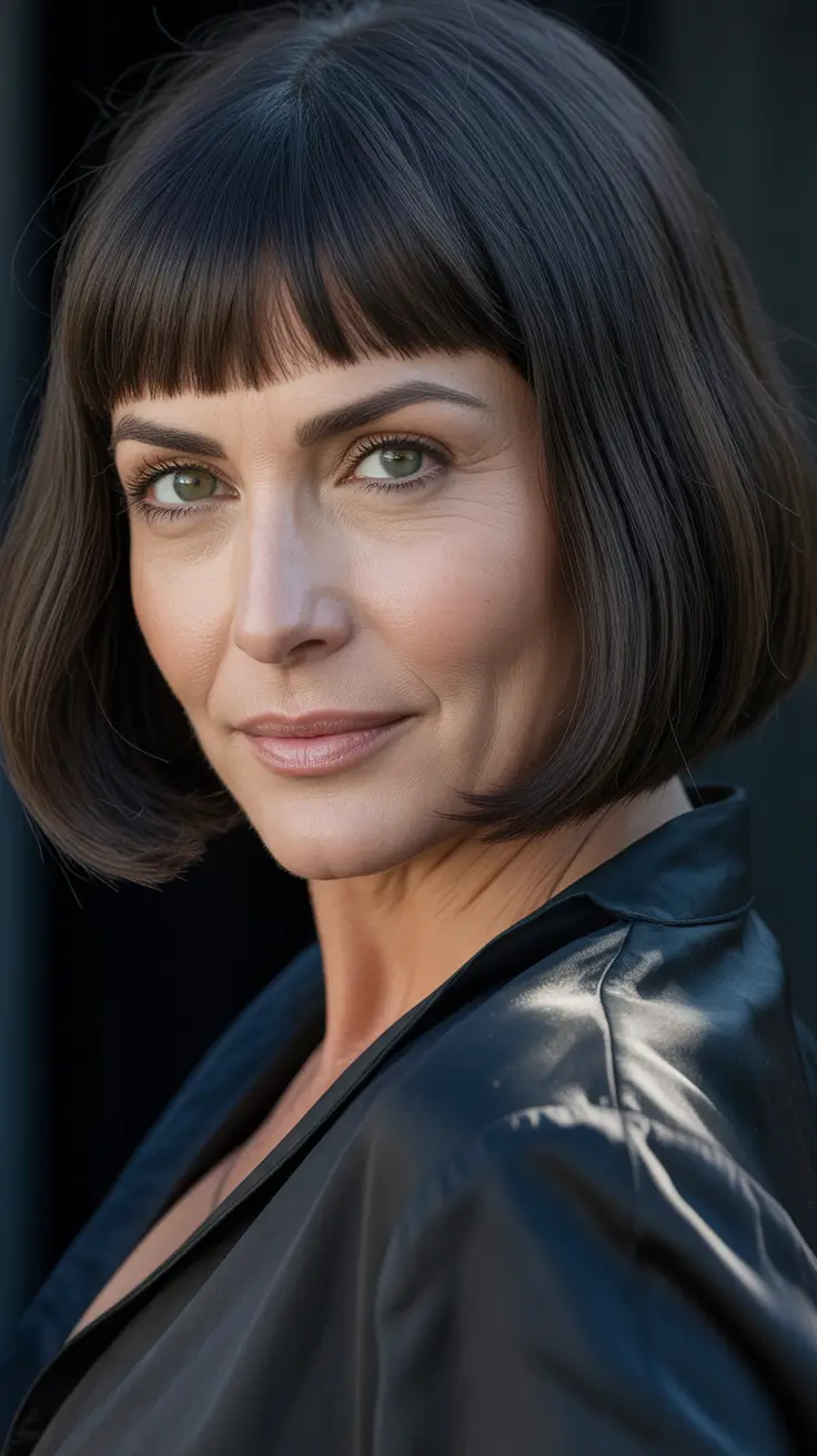 Trendy haircuts for women over 50 2026 Edgy Sculpted Bob With Bold Straight Bangs