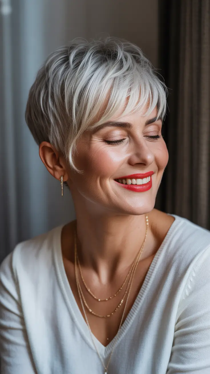 Trendy haircuts for women over 50 2026 Modern Pixie With Soft Fringe Detail