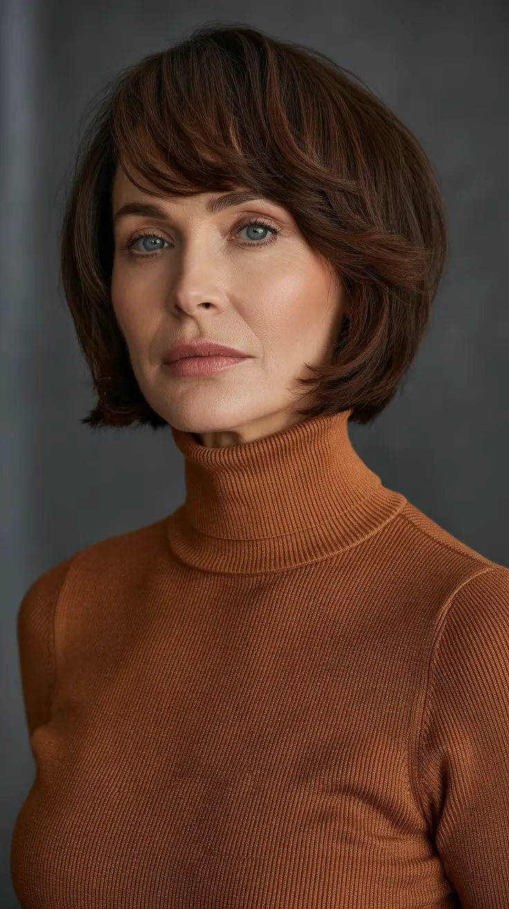 Trendy haircuts for women over 50 2026 Warm Brunette Bob With Soft Contouring