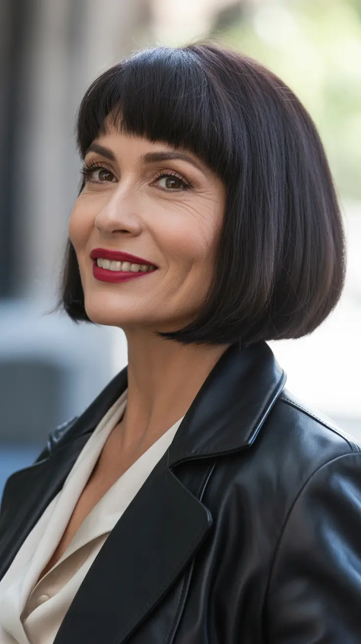 Trendy haircuts for women over 50 2026 Sleek Jet-Black Bob With Precision Bangs