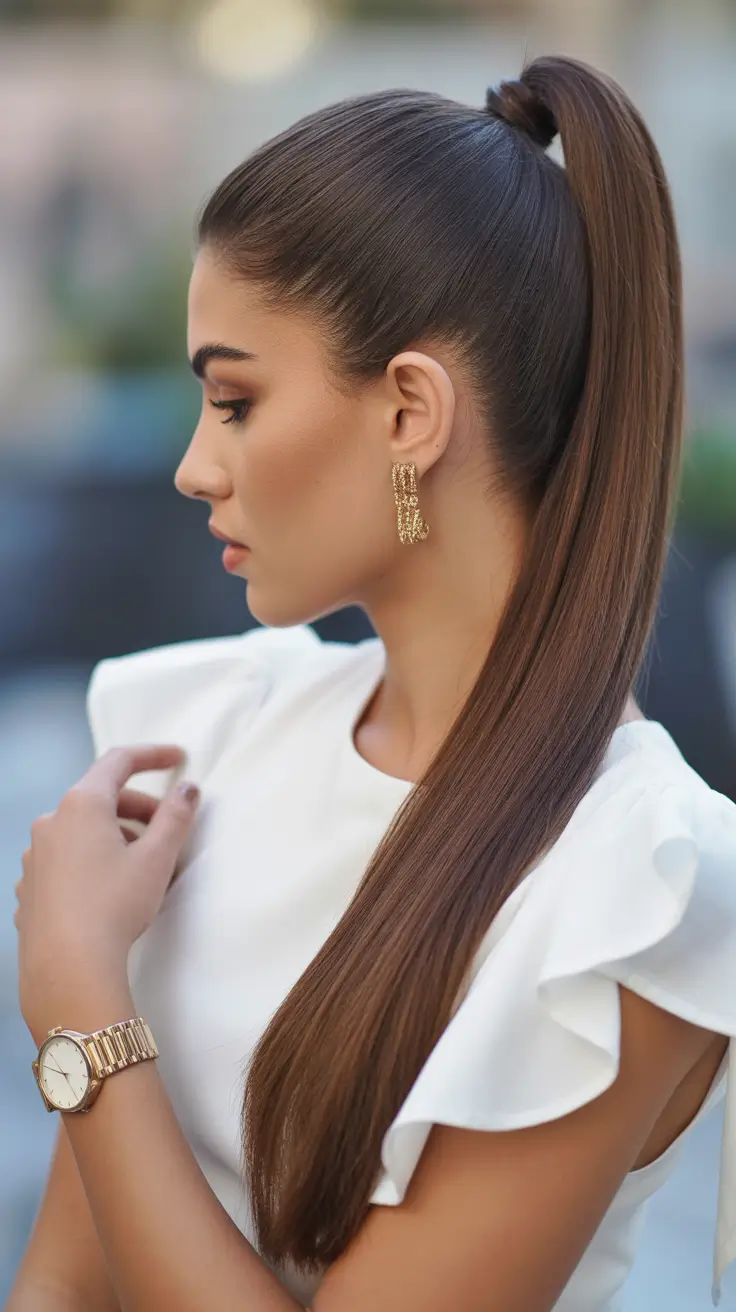 Trendy ponytail hairstyle ideas 2026 High Sculpted Straight Pony for Refined Confidence