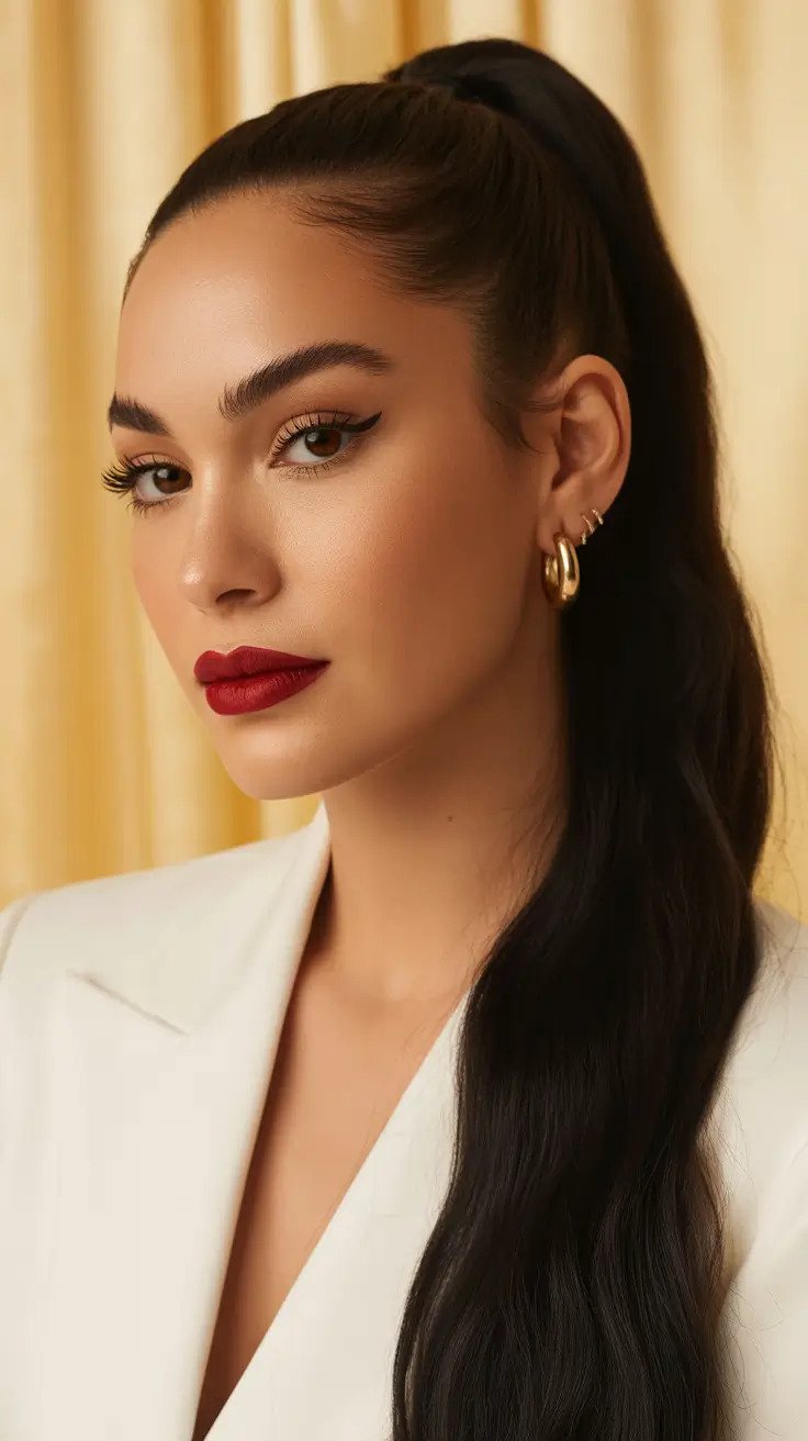 Trendy ponytail hairstyle ideas 2026 Classic Glam Pony with Soft Waves and Bold Lip Energy