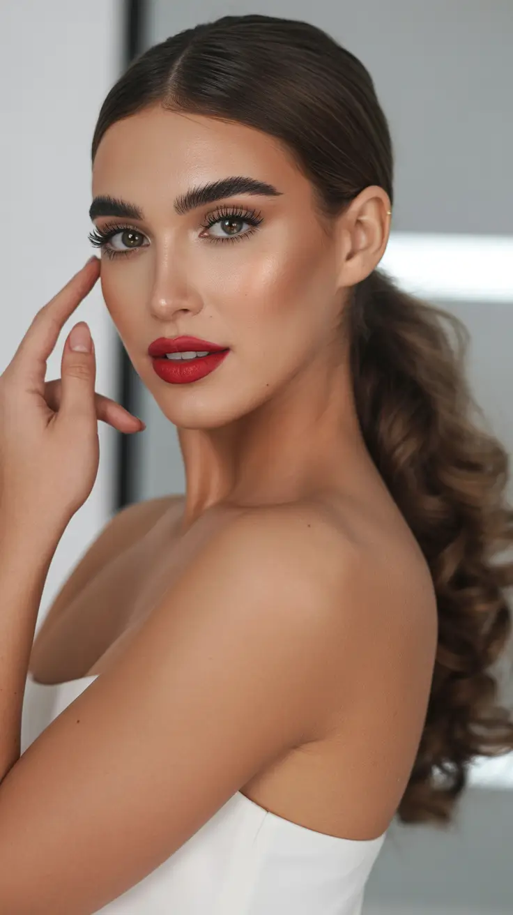 Trendy ponytail hairstyle ideas 2026 Romantic Curled Low Pony for Soft Glam Moments