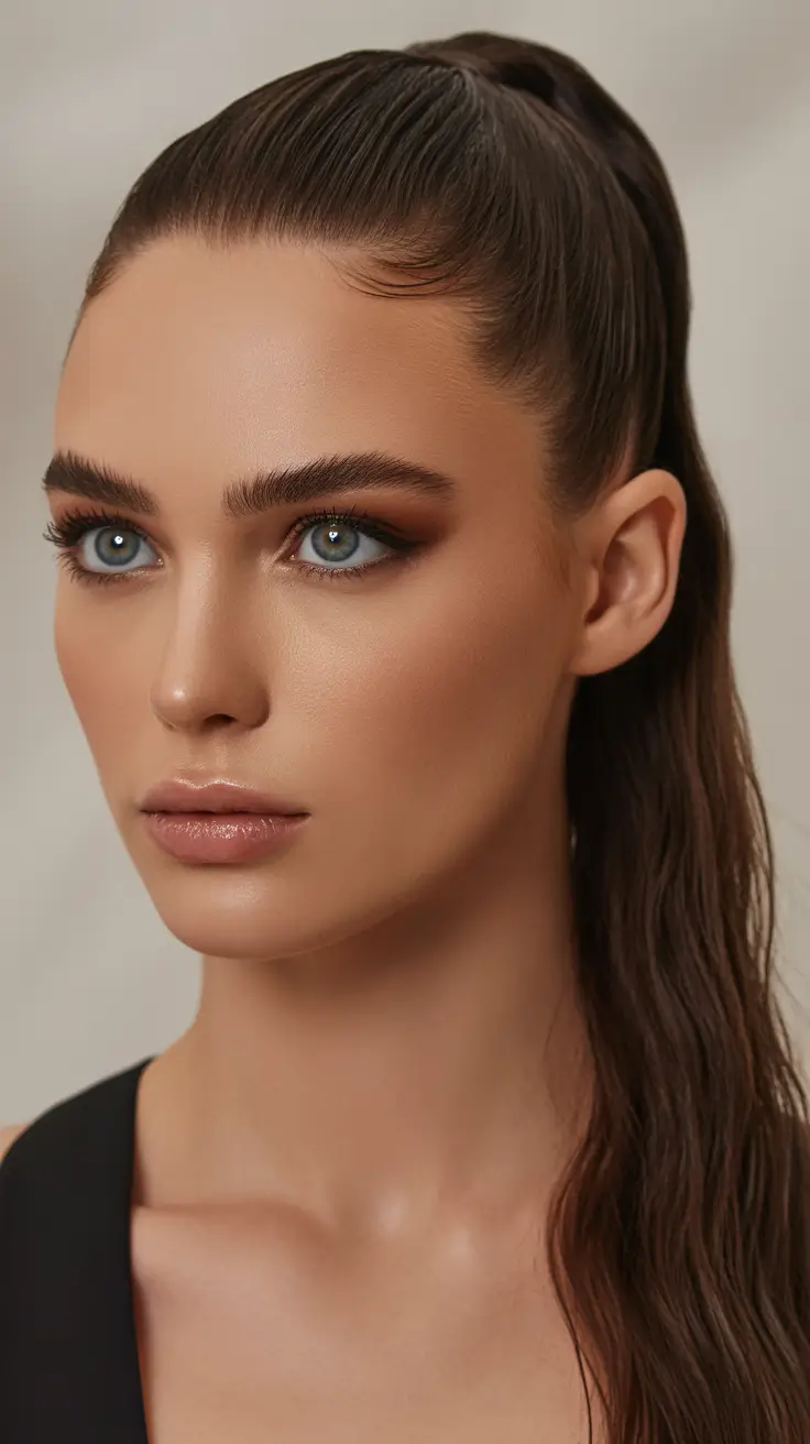 Trendy ponytail hairstyle ideas 2026 High Wet-Texture Pony with Sculpted Roots