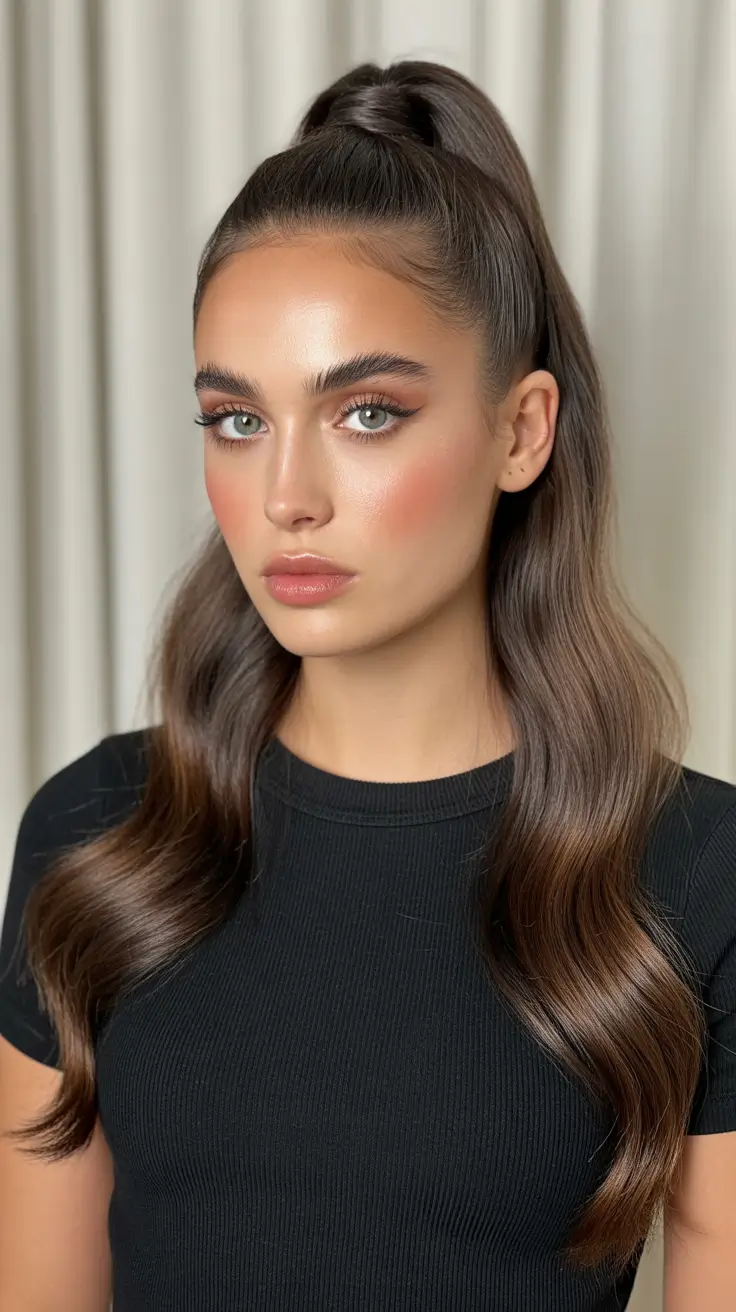 Trendy ponytail hairstyle ideas 2026 Soft Wavy High Pony with Youthful Lift