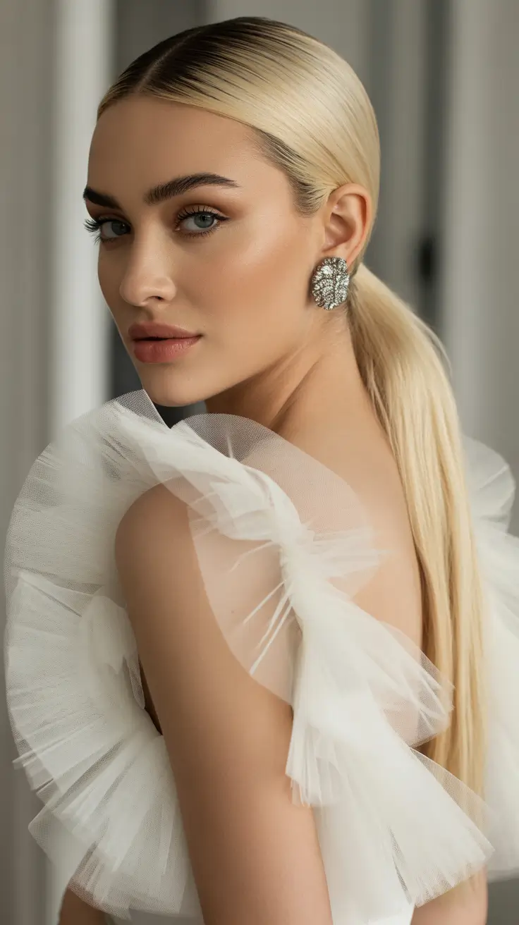 Trendy ponytail hairstyle ideas 2026 Polished Platinum Pony with Delicate Glam