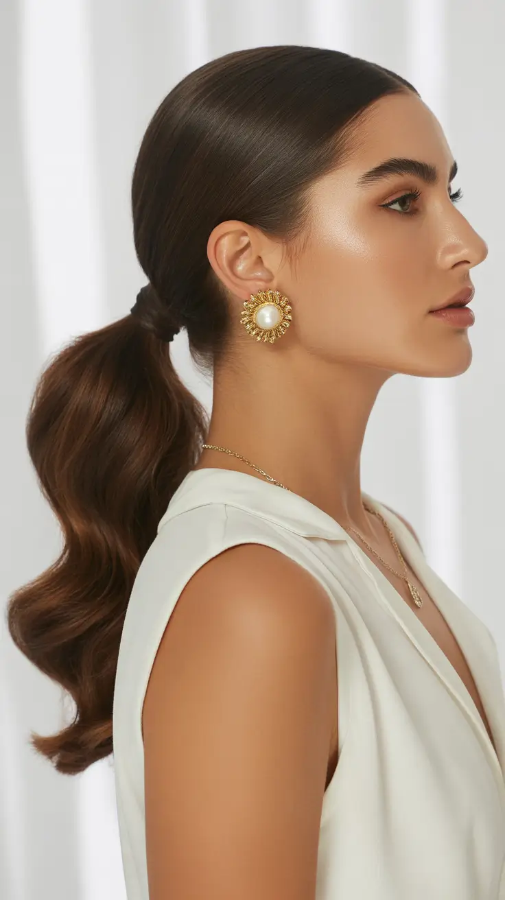 Trendy ponytail hairstyle ideas 2026 Elegant Low Pony with Sculpted Shine