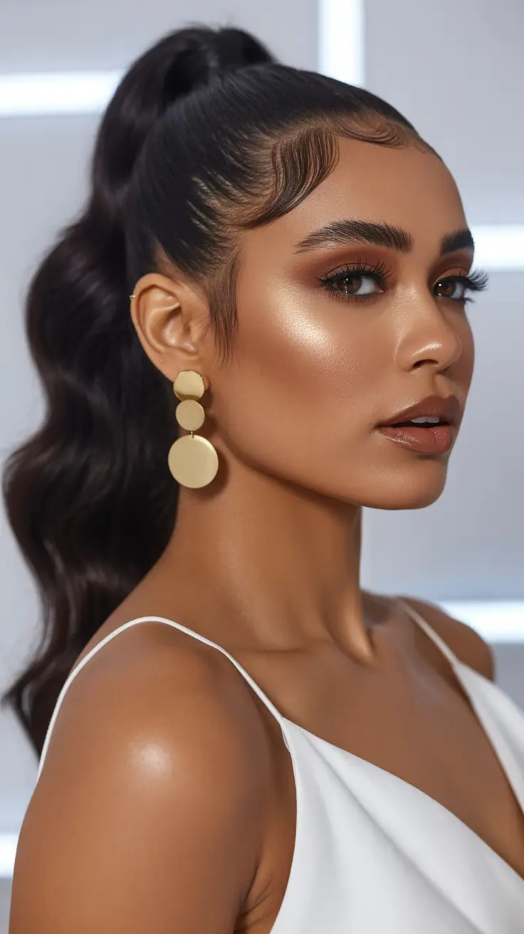 Trendy ponytail hairstyle ideas 2026 High Gloss Pony with Defined Baby Hairs