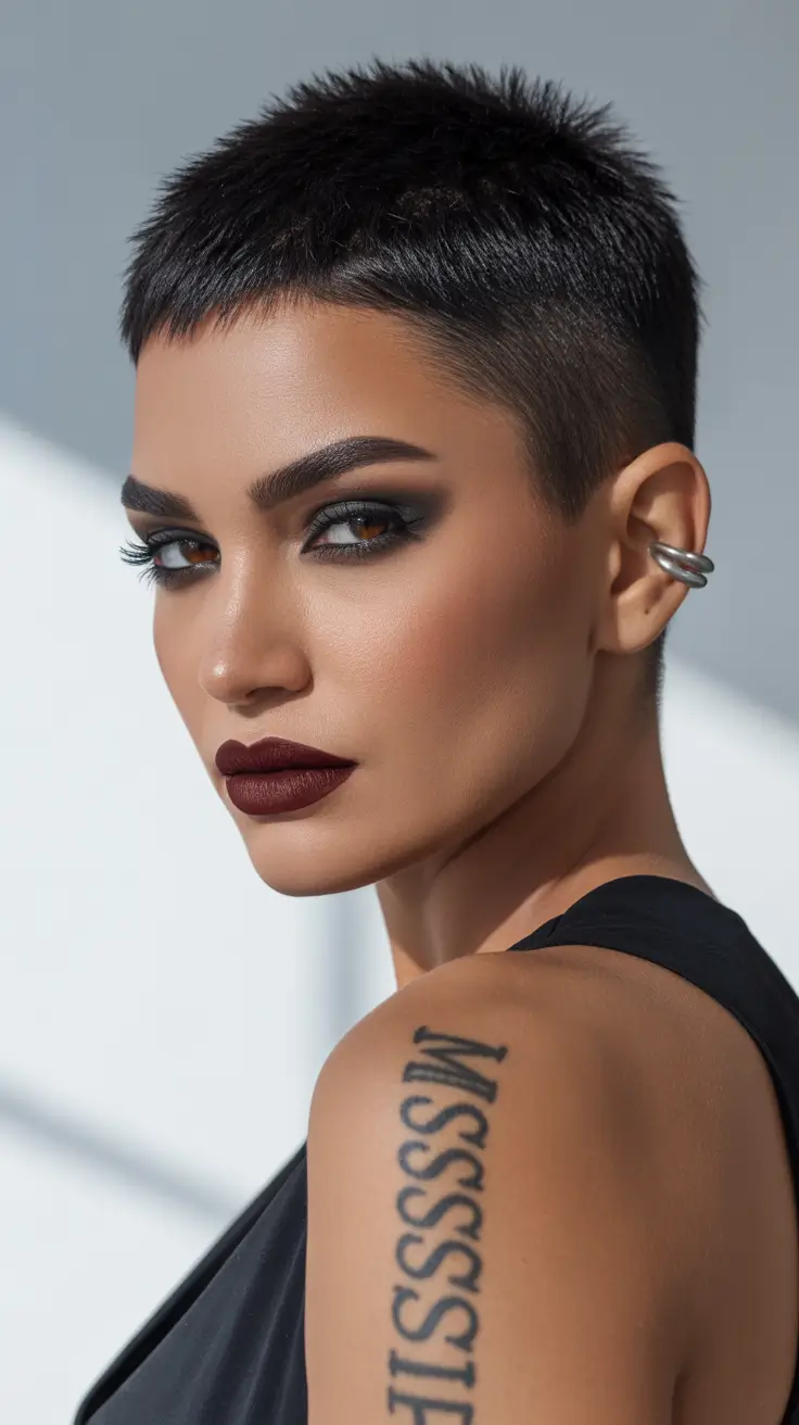 Trendy short hairstyles 2026 Edgy Jet-Black Buzz Cut