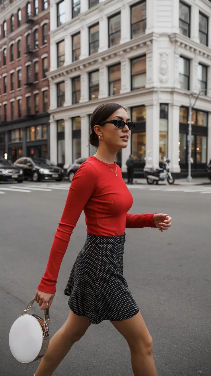 best spring skirt outfits 2026 Polka Dots and Fiery Red