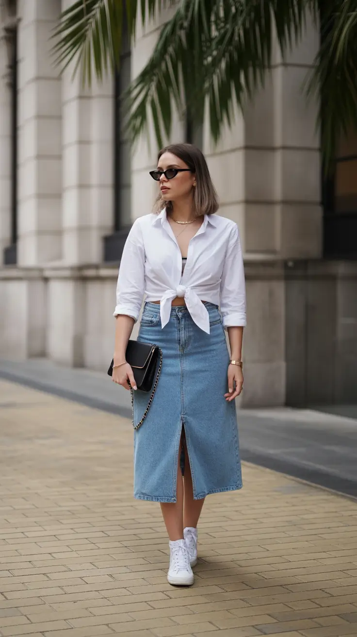 best spring skirt outfits 2026 Denim Midi With a Cropped Button-Down