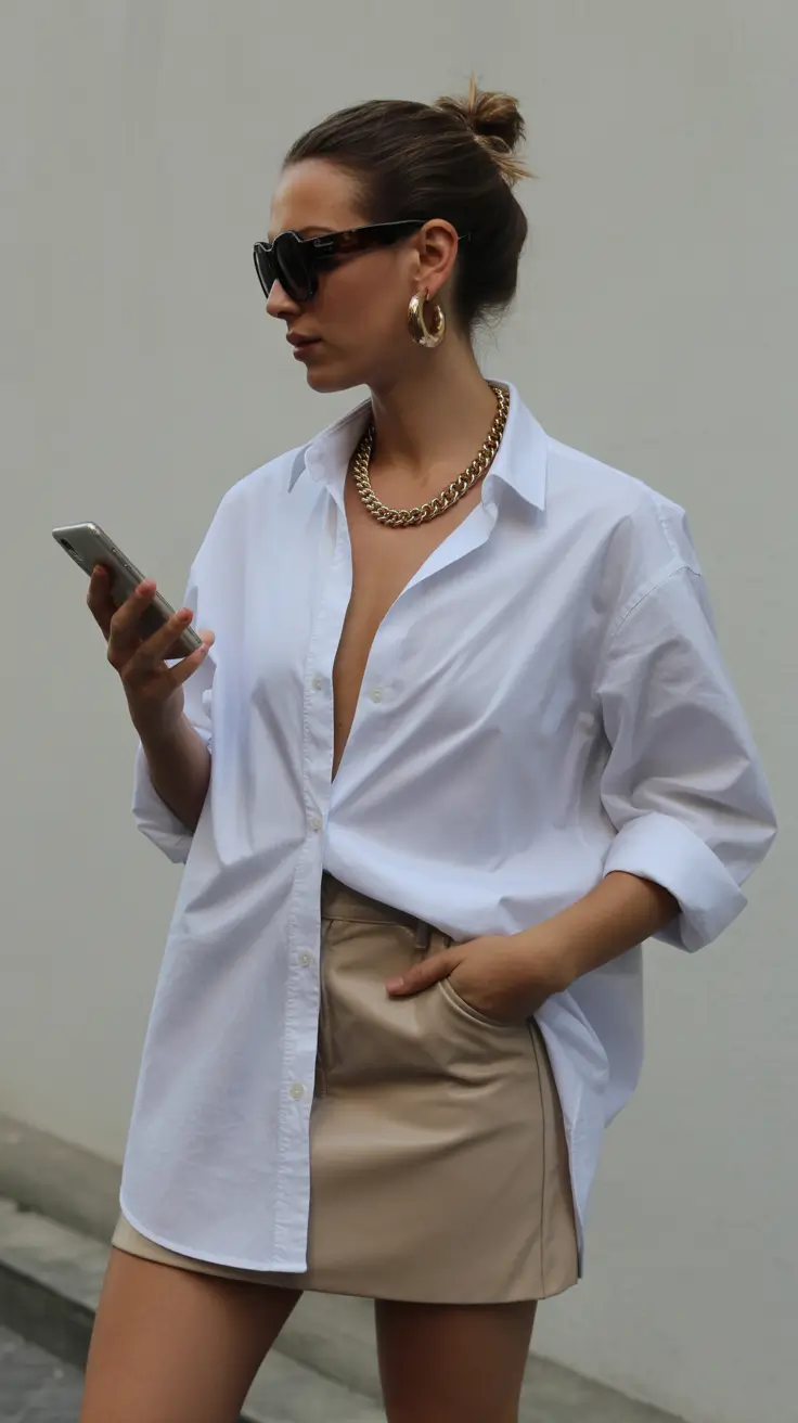 best spring skirt outfits 2026 Oversized White Shirt and Soft Beige Mini