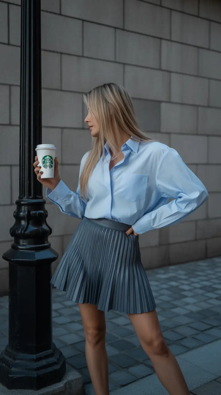 best spring skirt outfits 2026 Steel-Blue Pleats and a Powder Shirt