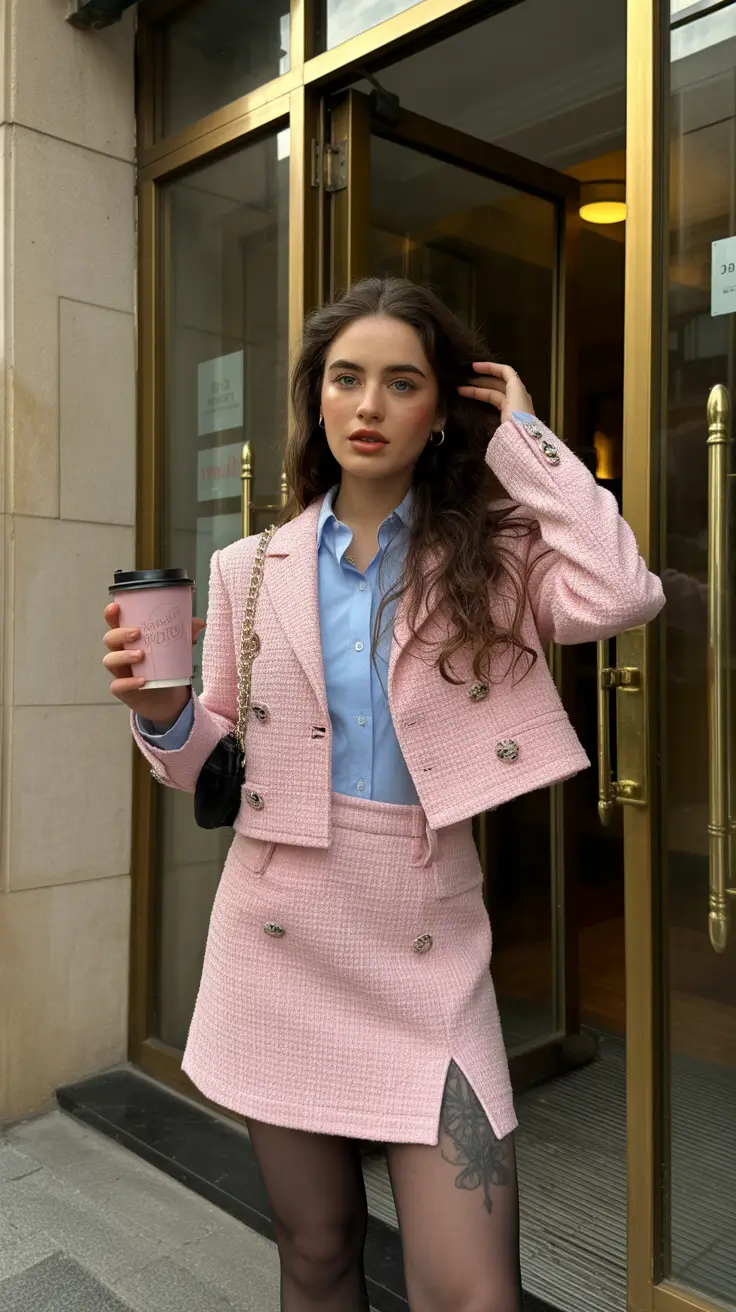 best spring skirt outfits 2026 Classic Pink Tweed for Elevated Days