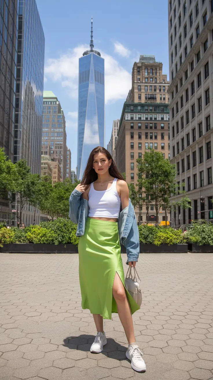 best spring skirt outfits 2026 Lime Satin Glow With Denim Ease
