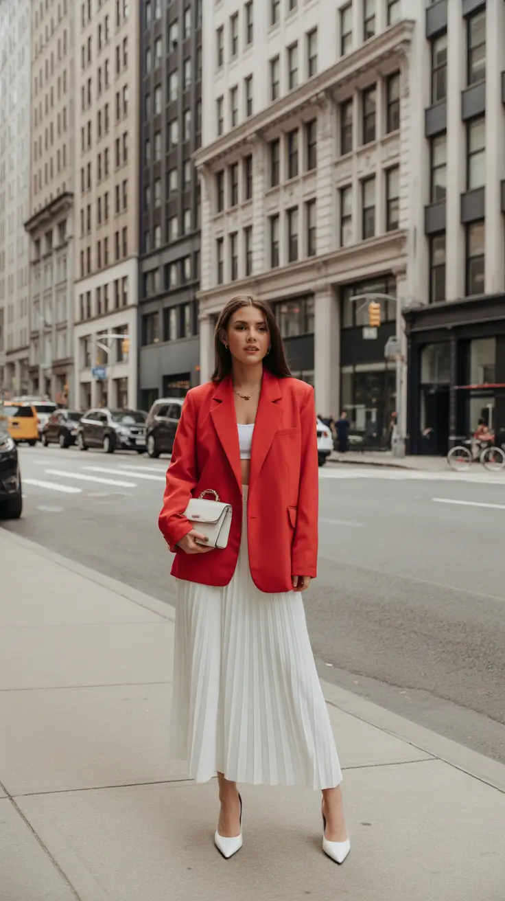 best spring skirt outfits 2026 The Bold Blazer and Flowing Maxi
