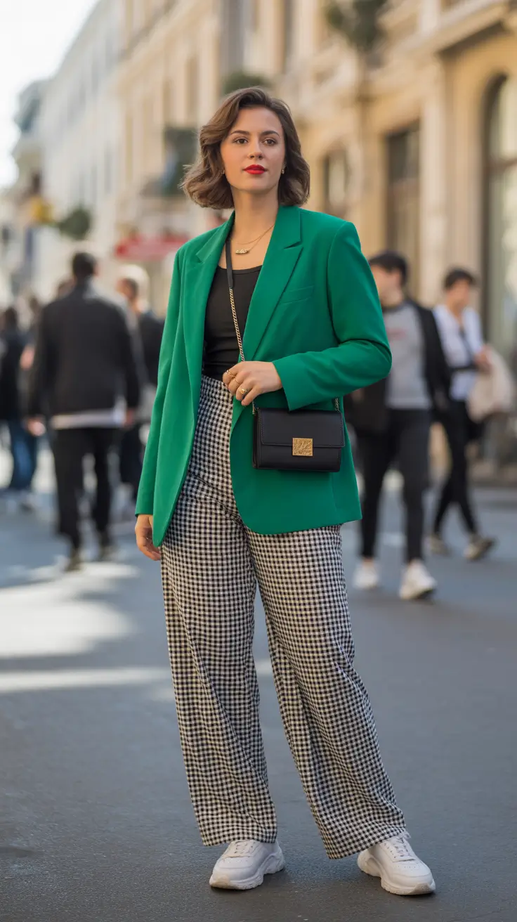 early spring outfits 2026 Emerald Blazer & Easy Gingham Movement