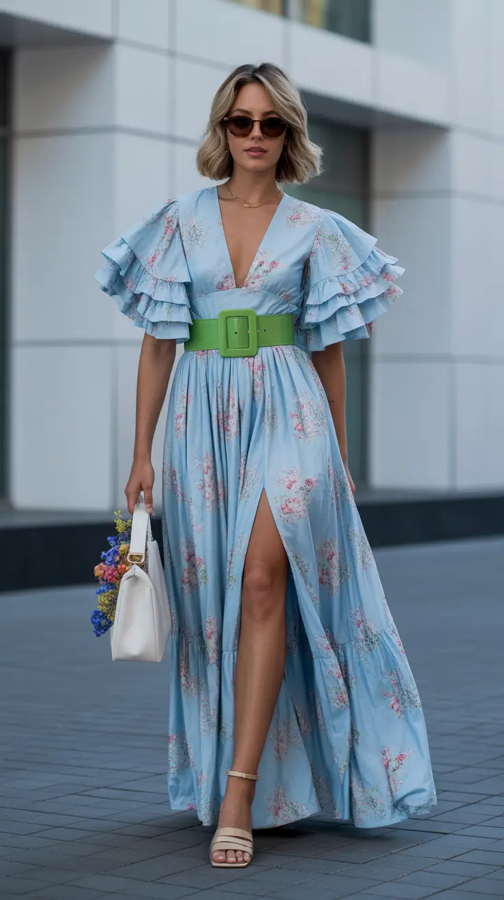 early spring outfits 2026 Sky-Blue Ruffles & Spring Garden Elegance