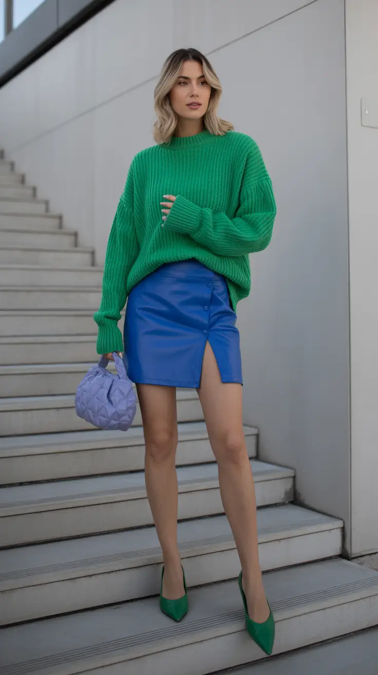 early spring outfits 2026 Green & Blue Color-Block Confidence