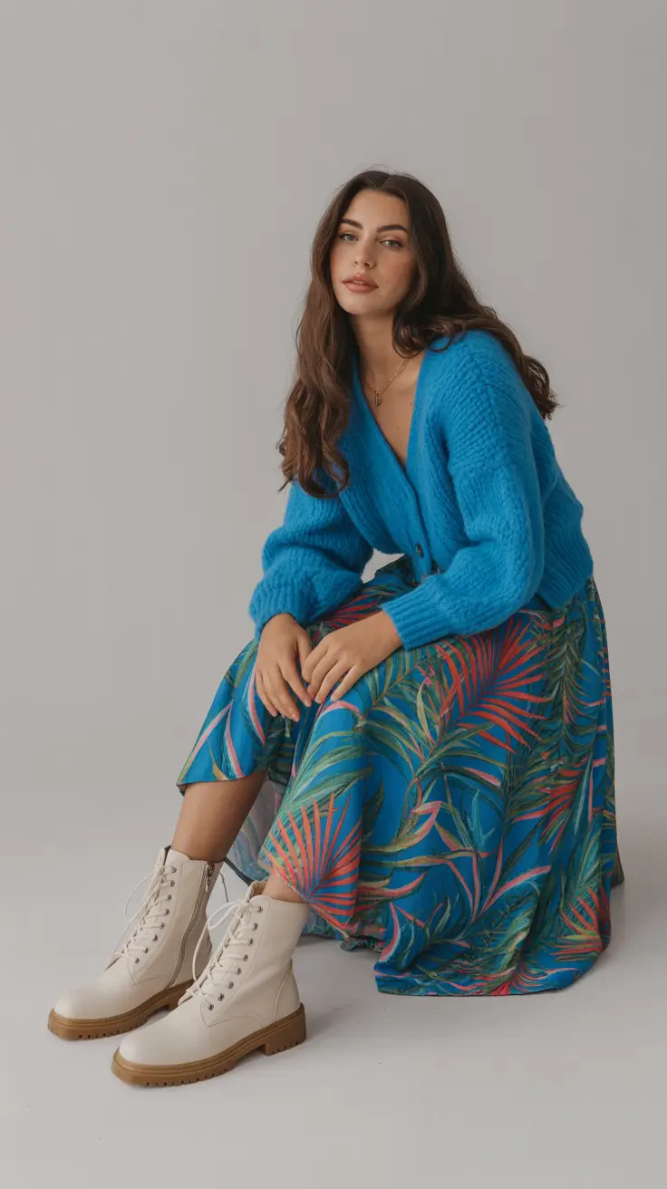 early spring outfits 2026 Blue Knit Warmth With Tropical Movement