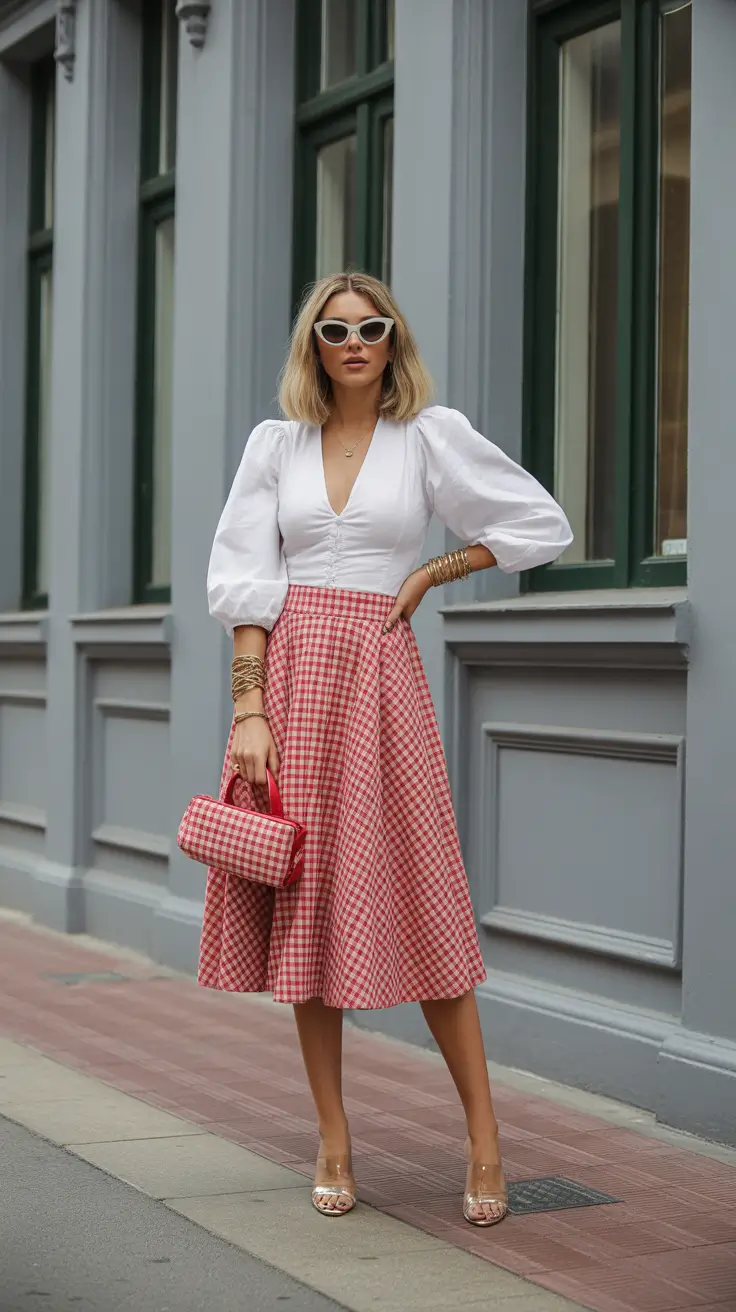 Every Day Spring Outfits 2026 Gingham Skirt and Puff Sleeves for Playful Spring Femininity