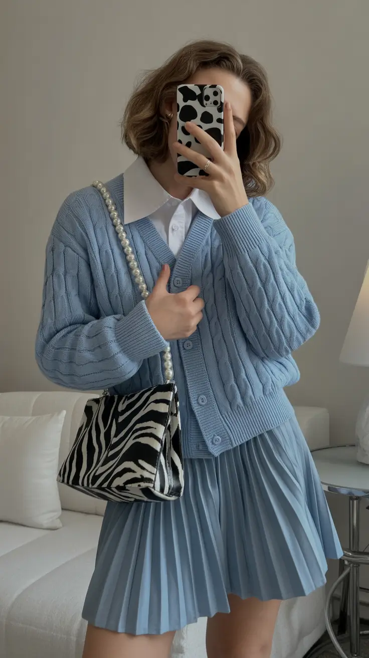 Every Day Spring Outfits 2026 Pleated Blue Skirt and Soft Knit for a Modern Preppy Aesthetic