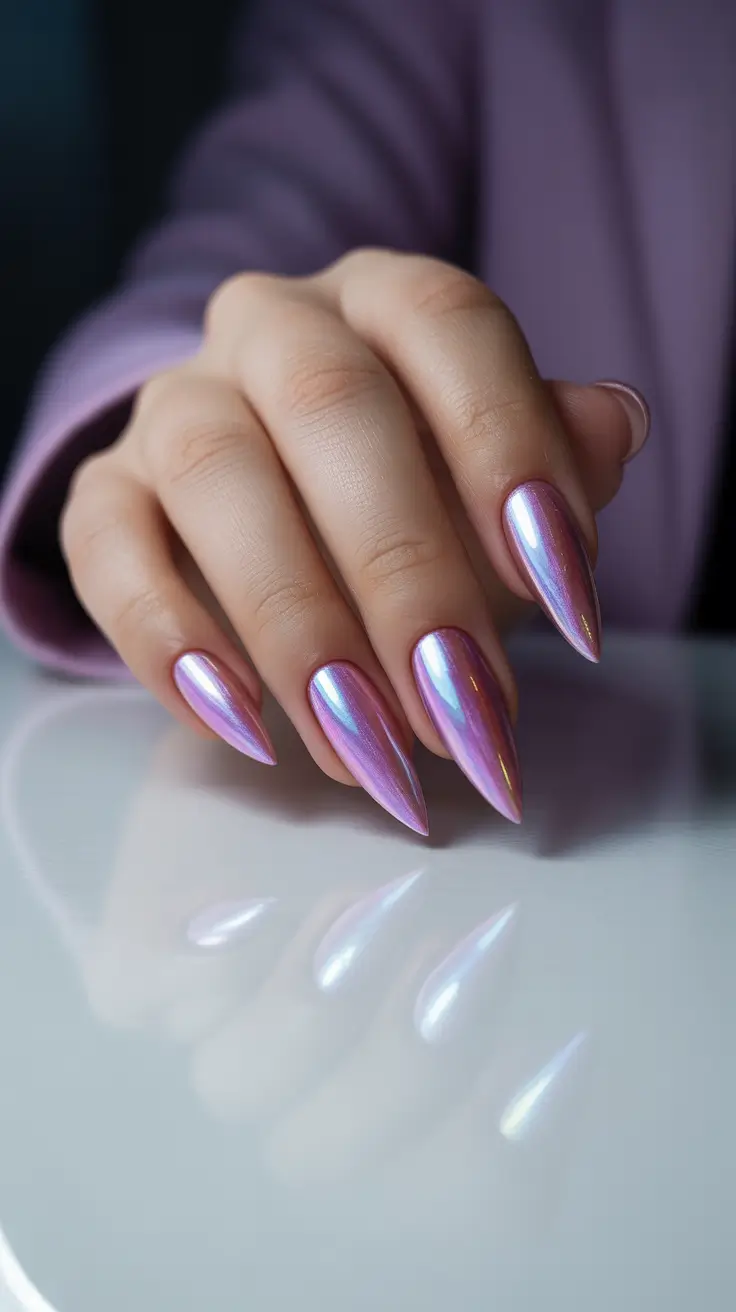 February nails designs 2026 Iridescent Almond Glow