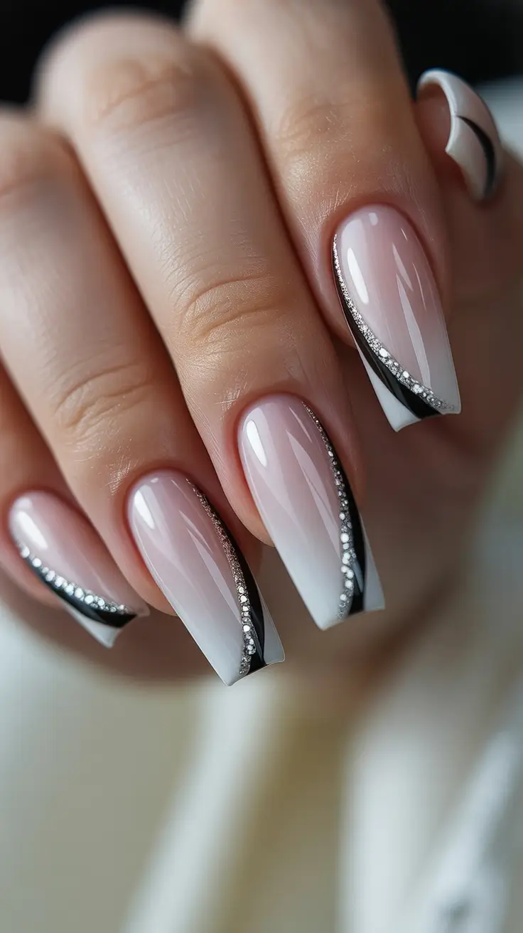 February nails designs 2026 Modern Black White Curve French Square