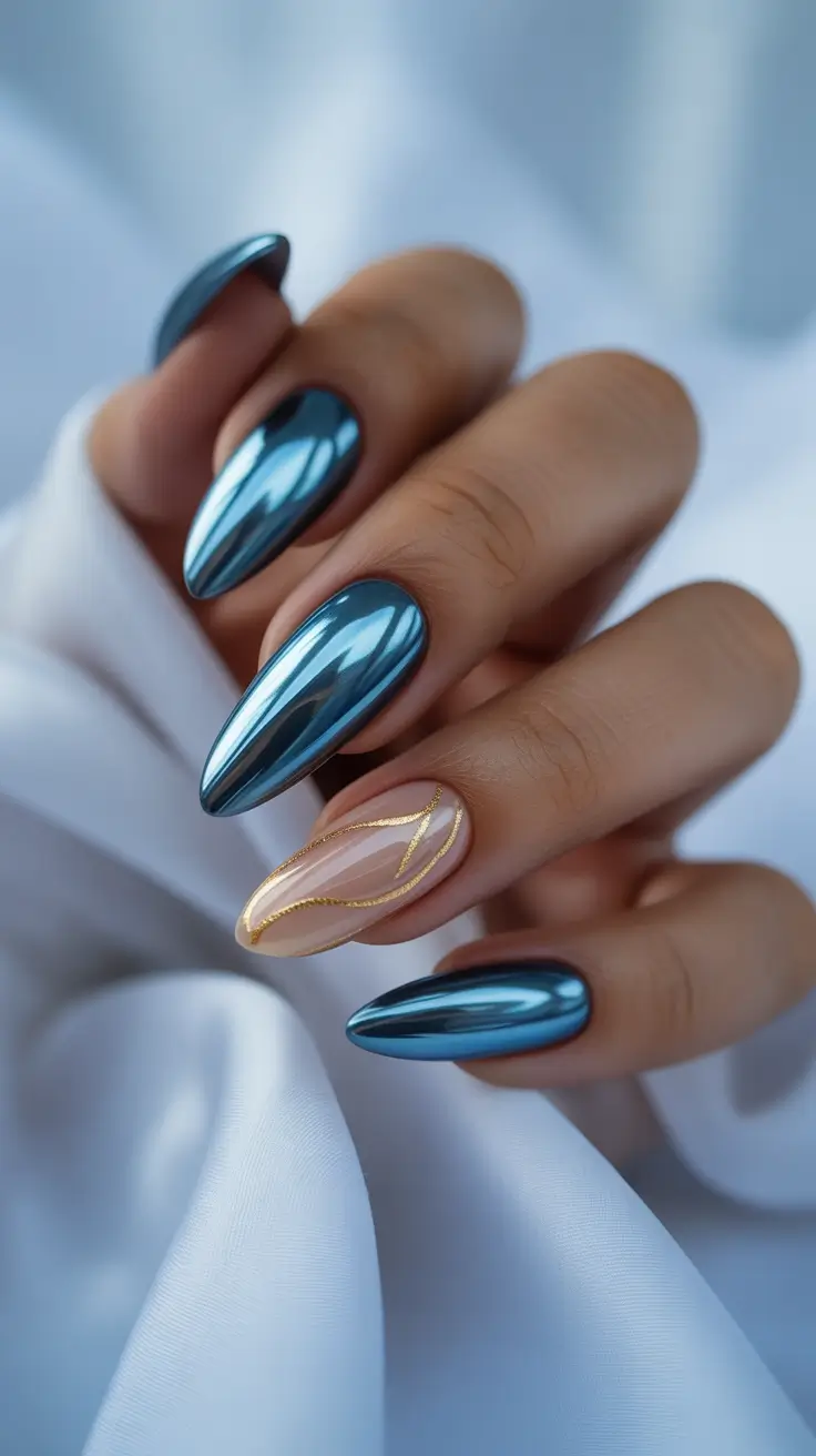 February nails designs 2026 Blue Chrome Almond Nails With Gold Accent Art