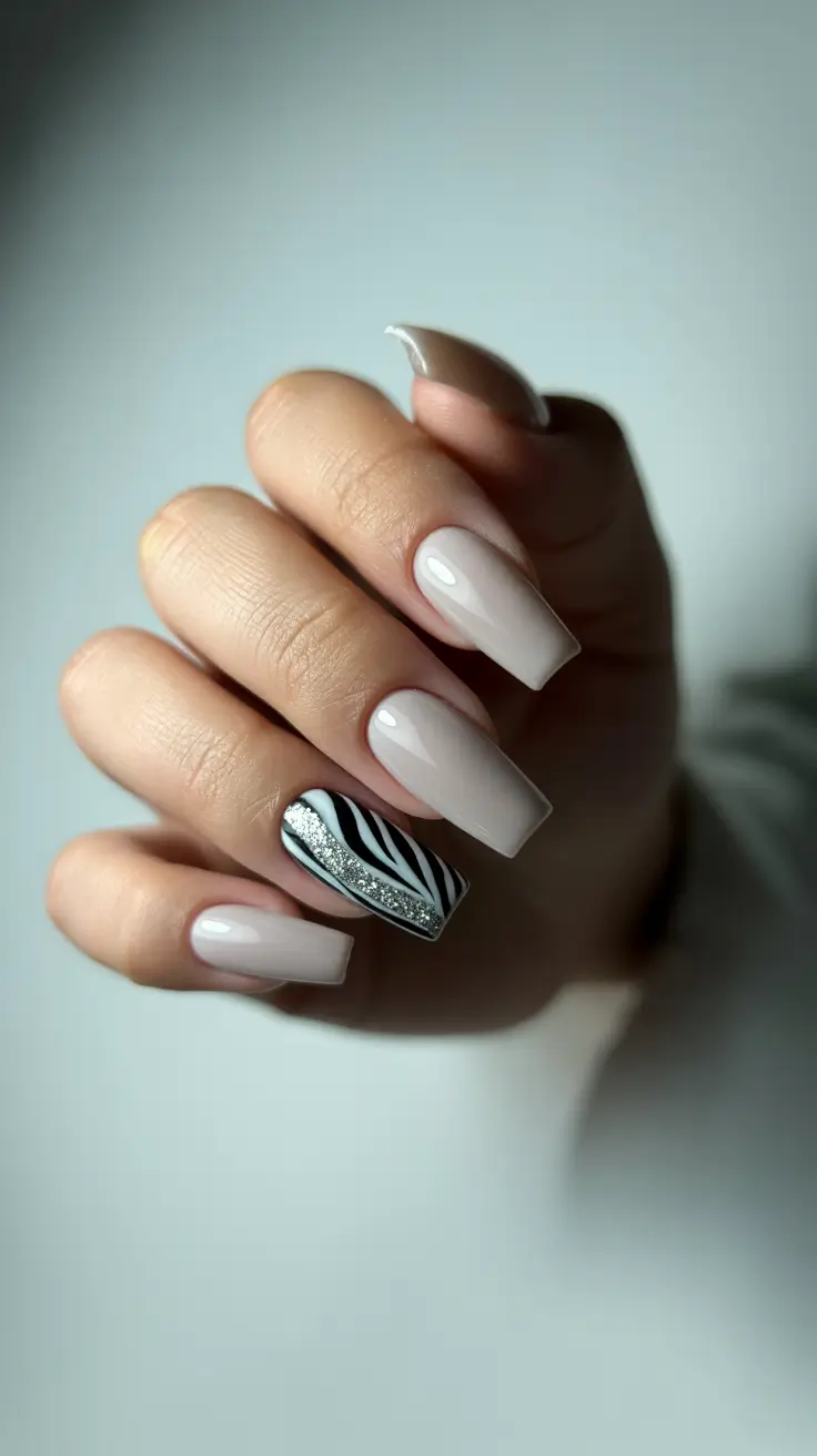 February nails designs 2026 Beige Square Zebra Accent Glitter Stripe