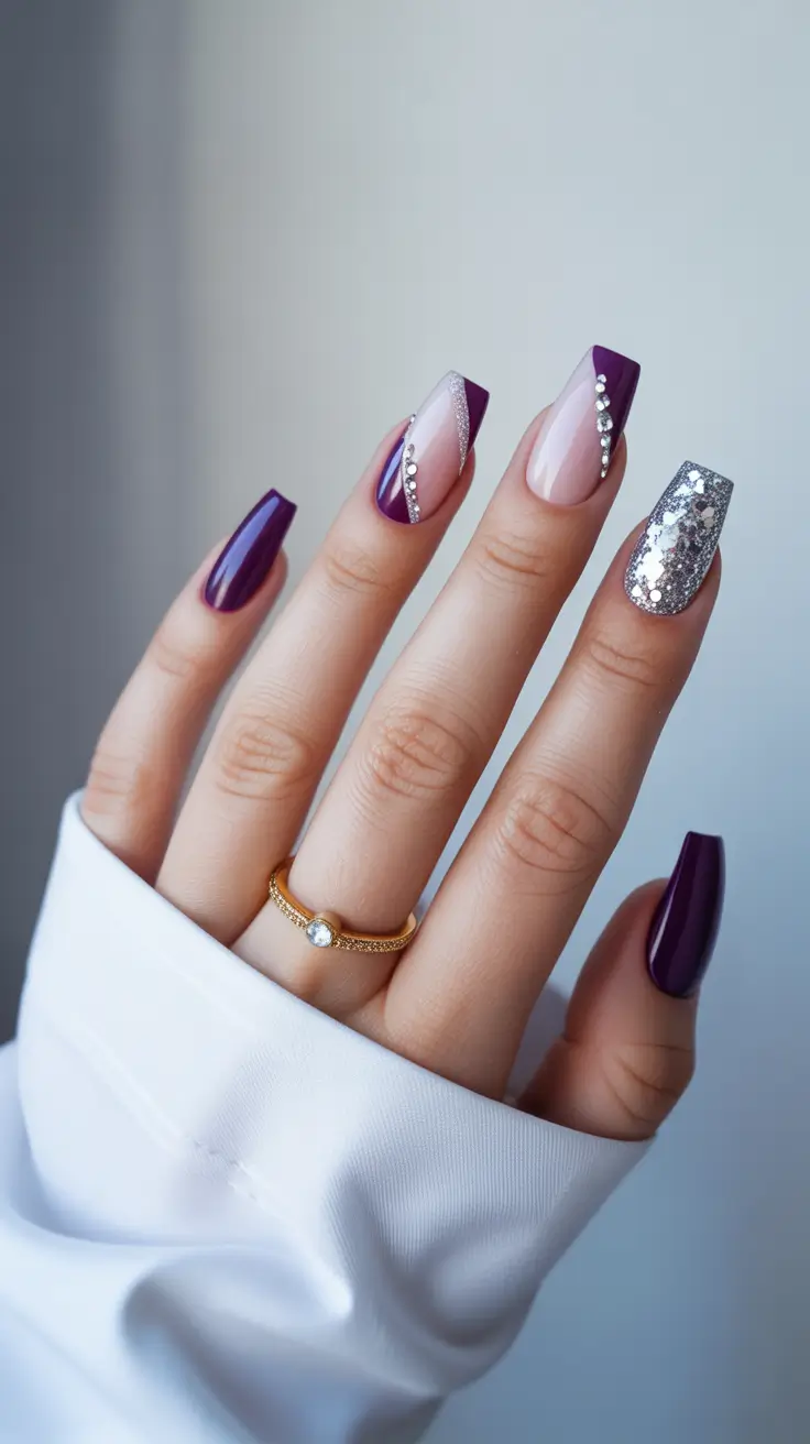 February nails designs 2026 Deep Purple Square Glam With Silver Accents
