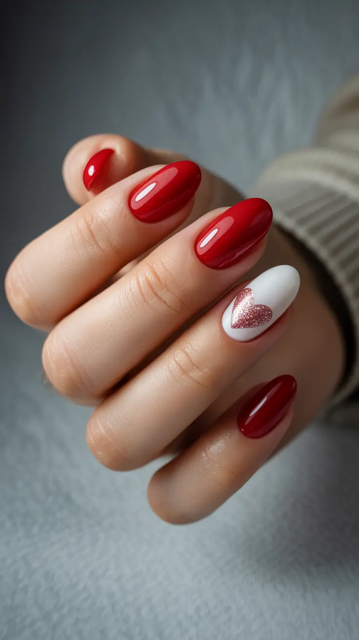 February nails designs 2026 Classic Red Almond Nails With Glitter Heart Accent