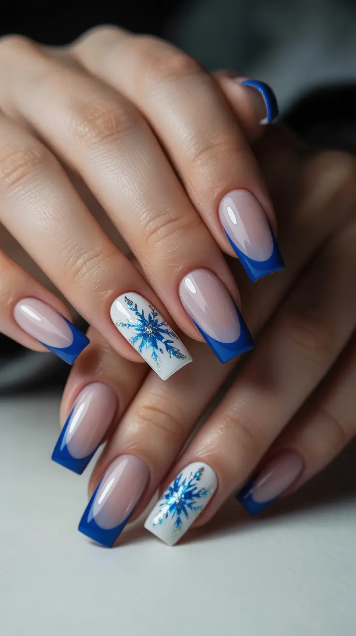 February nails designs 2026 Blue French Square Nails With Snowflake Art