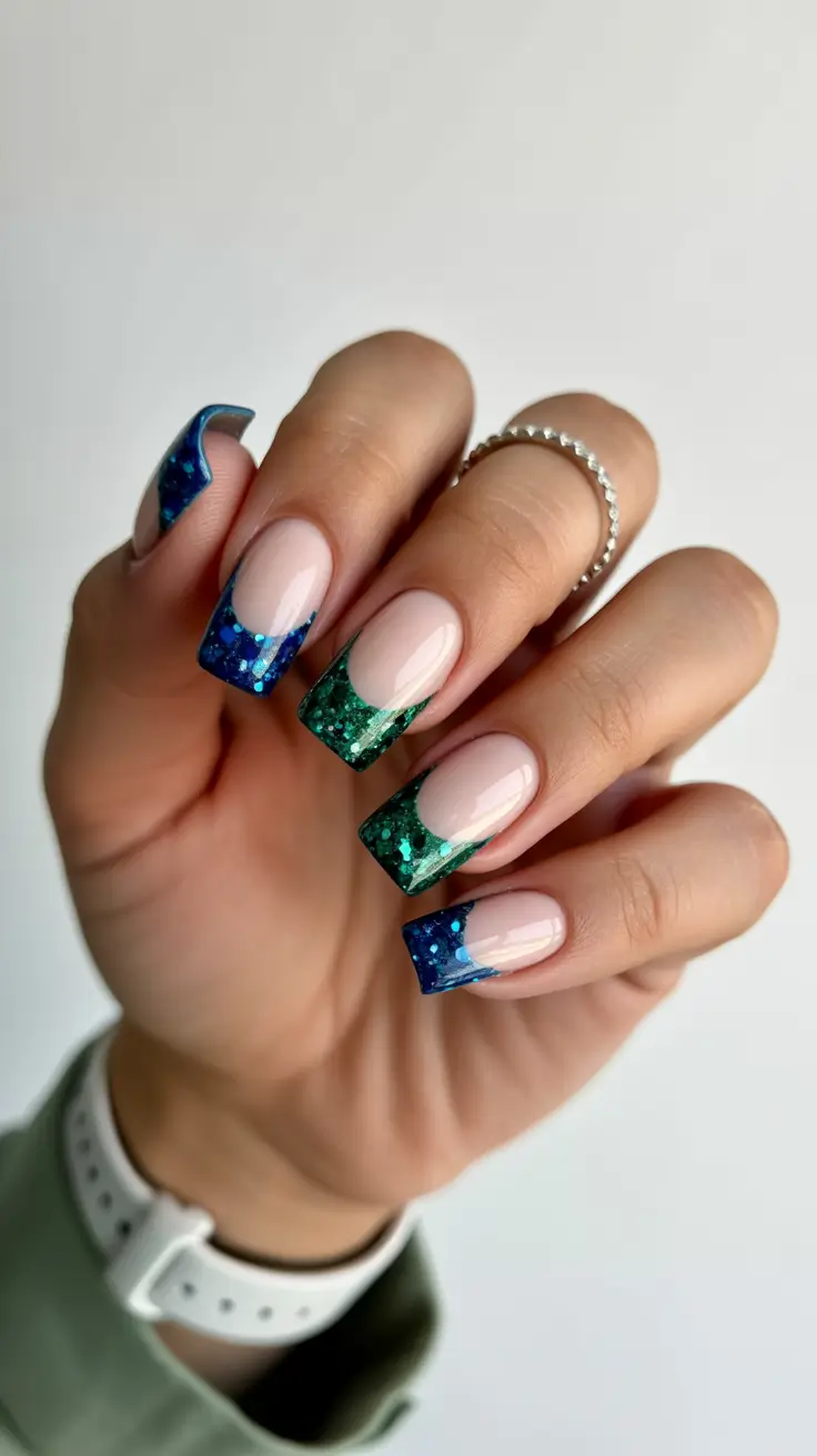 February nails designs 2026 Blue Green Glitter Square French Tips