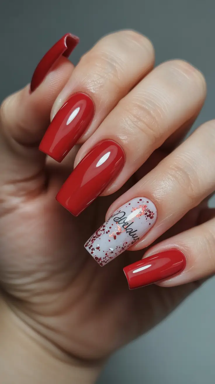February nails designs 2026 Red Coffin Nails Glitter Letter Accent