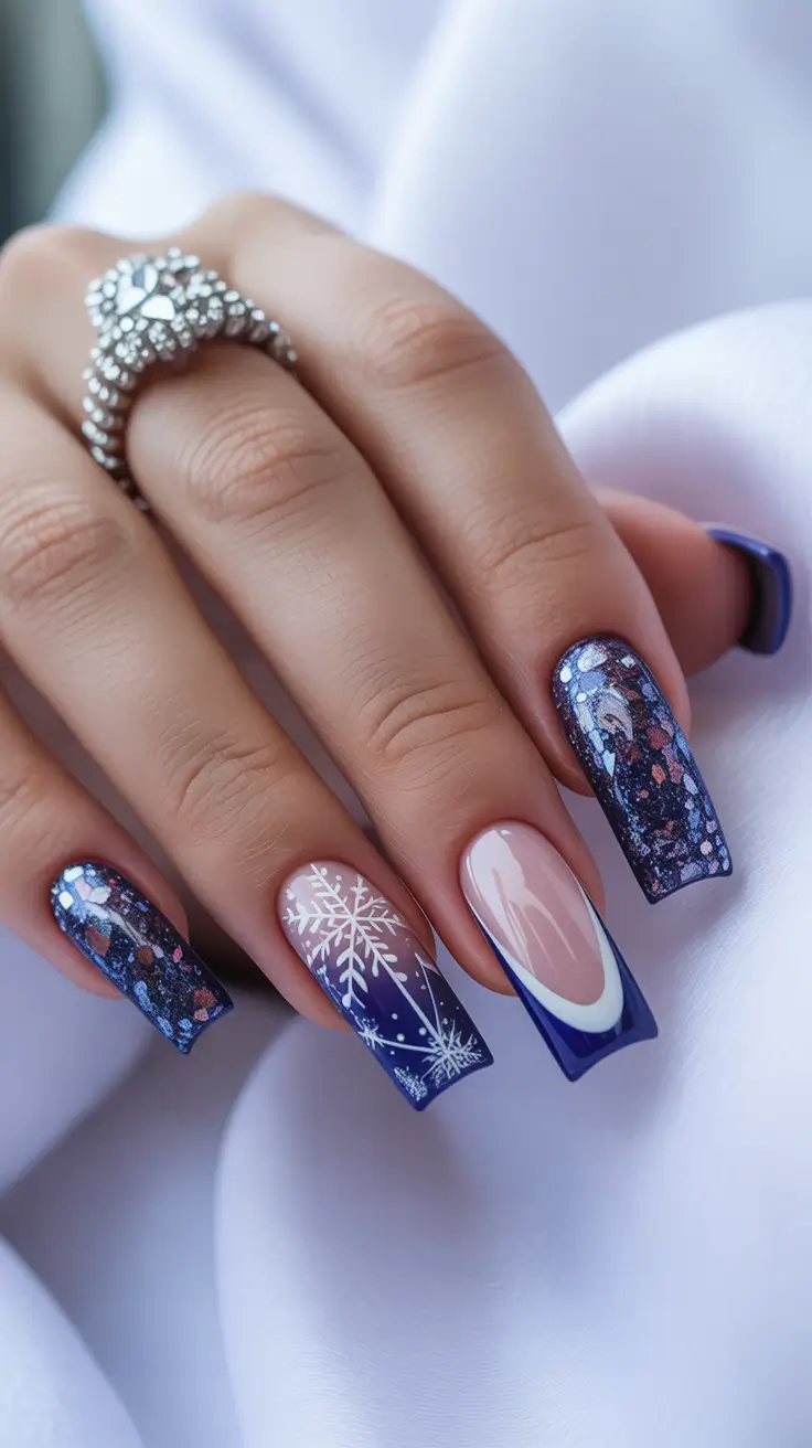 February nails designs 2026 Deep Winter Blue Coffin Snowflakes