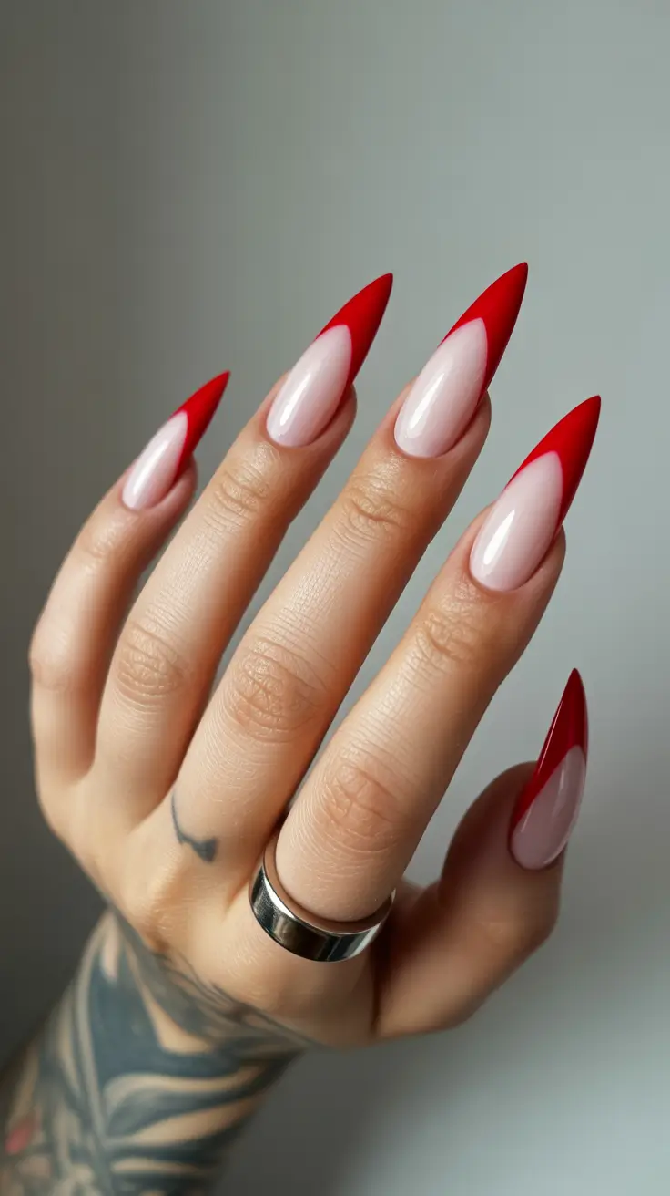 February nails designs 2026 Sharp Red French Drama on Almond Points