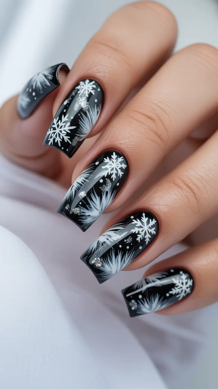February nails designs 2026 Black Winter Snowflake Square Nails