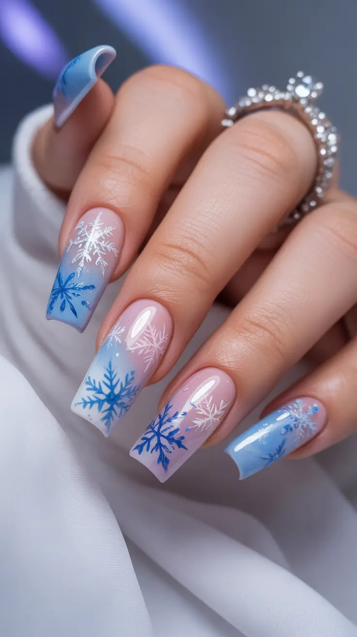 February nails designs 2026 Soft Blue Ombre Snowflake Coffin Nails