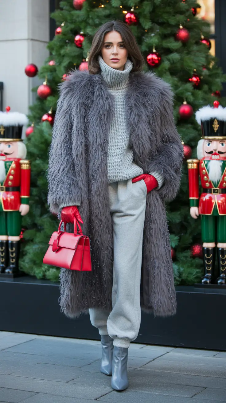 February outfits ideas 2026 Textured Grey Layers with Striking Red Accents