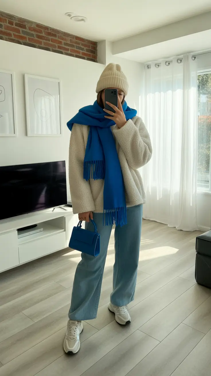 February outfits ideas 2026 Blue Pops for Cheerful Winter Errands