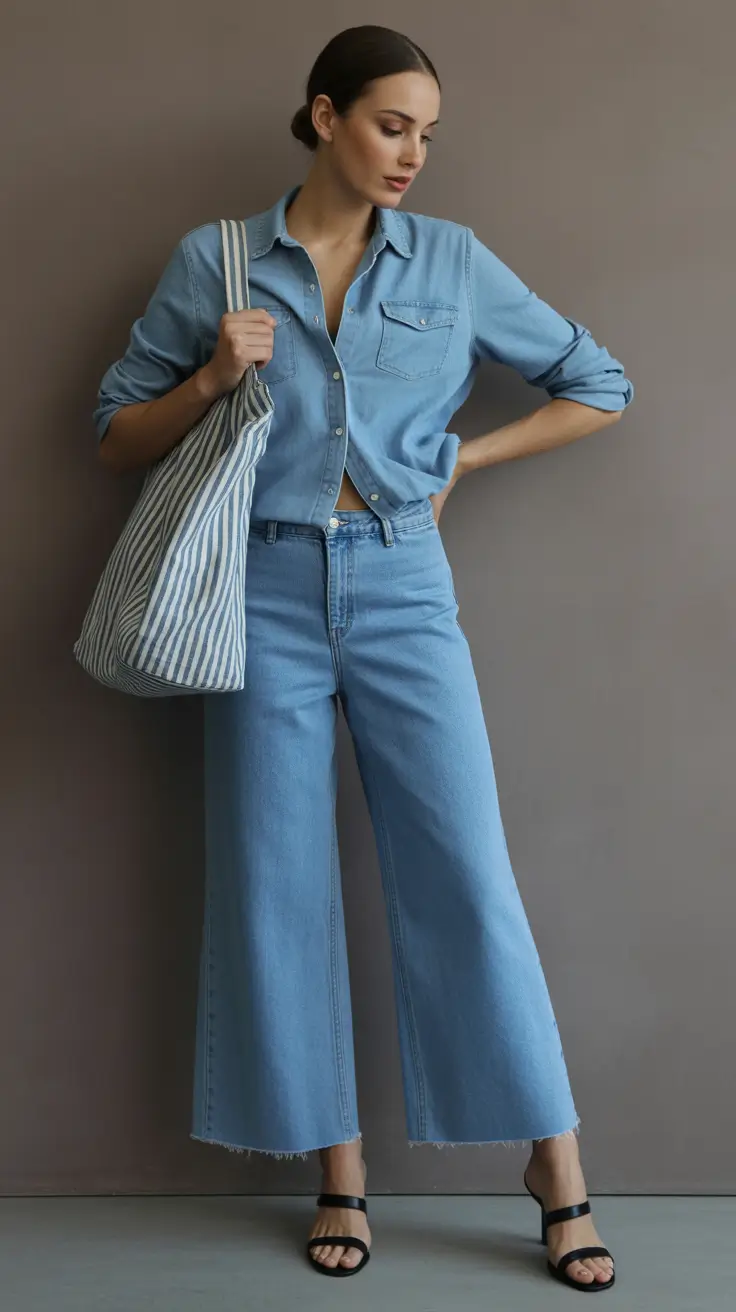 midsize spring outfits 2026 Denim-on-Denim With a Crisp, Modern Spin