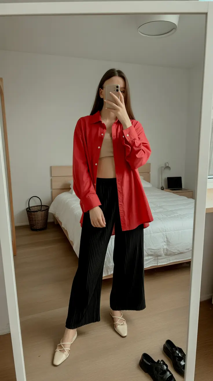 midsize spring outfits 2026 Bold Shirt Dressing With Relaxed Contrast