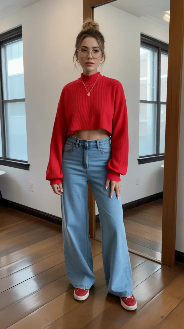 midsize spring outfits 2026 Cropped Red Confidence With Classic Denim