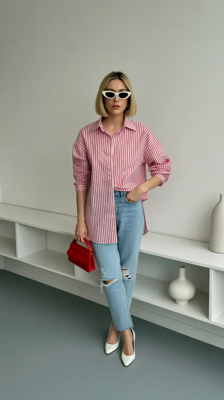 modest spring outfits 2026 Striped Simplicity With a Crisp Red Accent